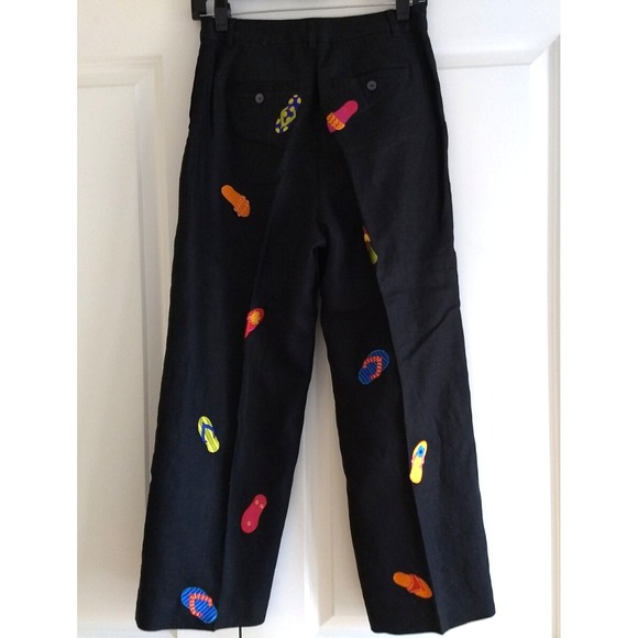 Deane & White 100% Linen‎ Pants Black Cropped Embroidered Flip Flops Womens 8 - Picture 2 of 16